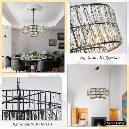 CATINER 24'' Black Crystal Chandeliers Luxury 8-Lights Pendant Chandelier Drum Semi Flush Mount Ceiling Lights for Living Room Dining Room Foyer Bedroom Kitchen