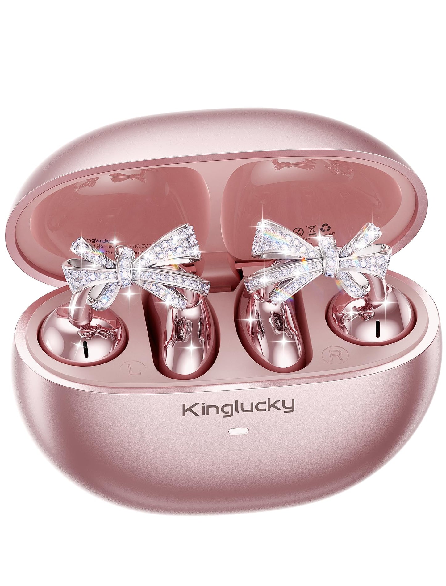 Kinglucky Jewelry-Inspired Clip-On Earbuds with Bow Earrings, Comfortable Fit & 50H Playtime Open Ear Bluetooth 5.4 Wireless Headphones for Women, Small Ears, Sports & Workouts (Pink)