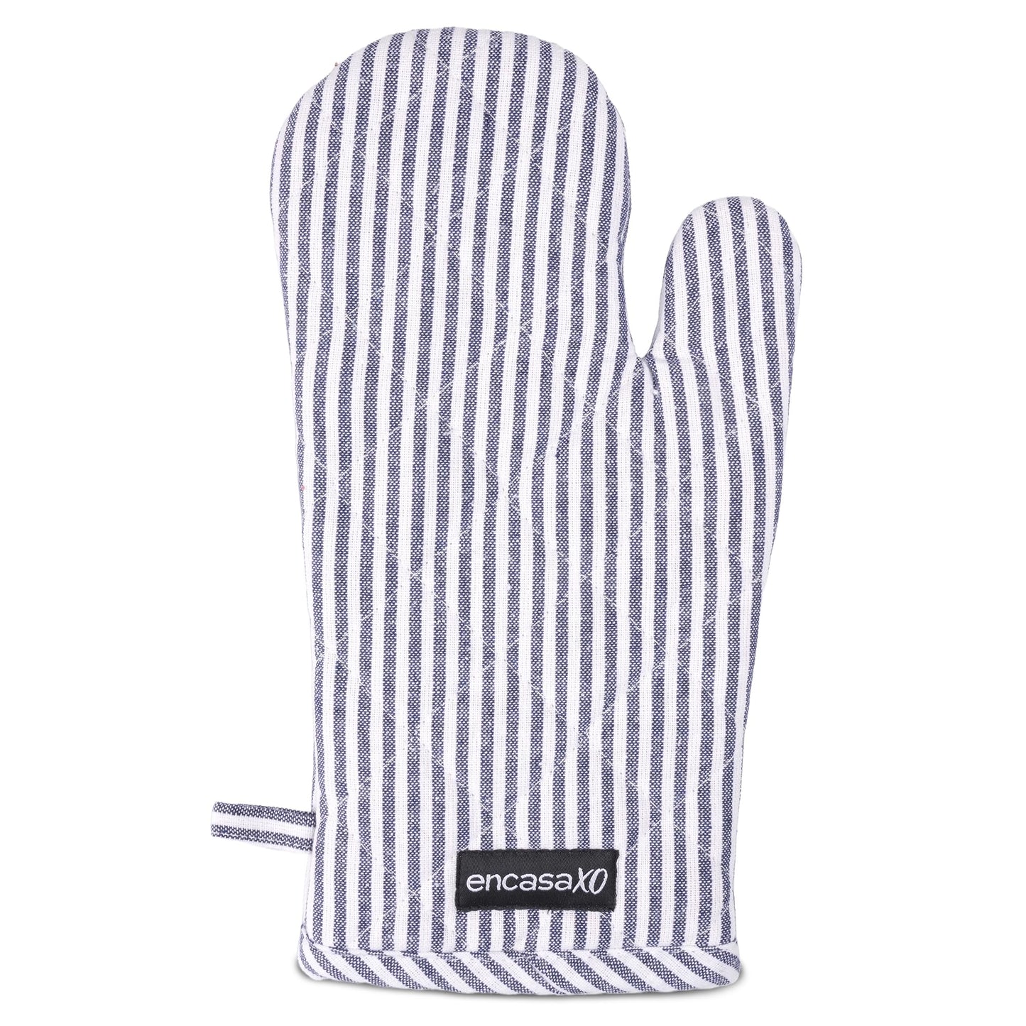 Encasa XO Long 12"x7" Oven Microwave Hand Gloves Mitts (2 pc Set) for Kitchen Cooking & Baking - Heat Resistant, Thick & Safe, Protection of Hands from Hot Utensils - Ticking Navy Blue