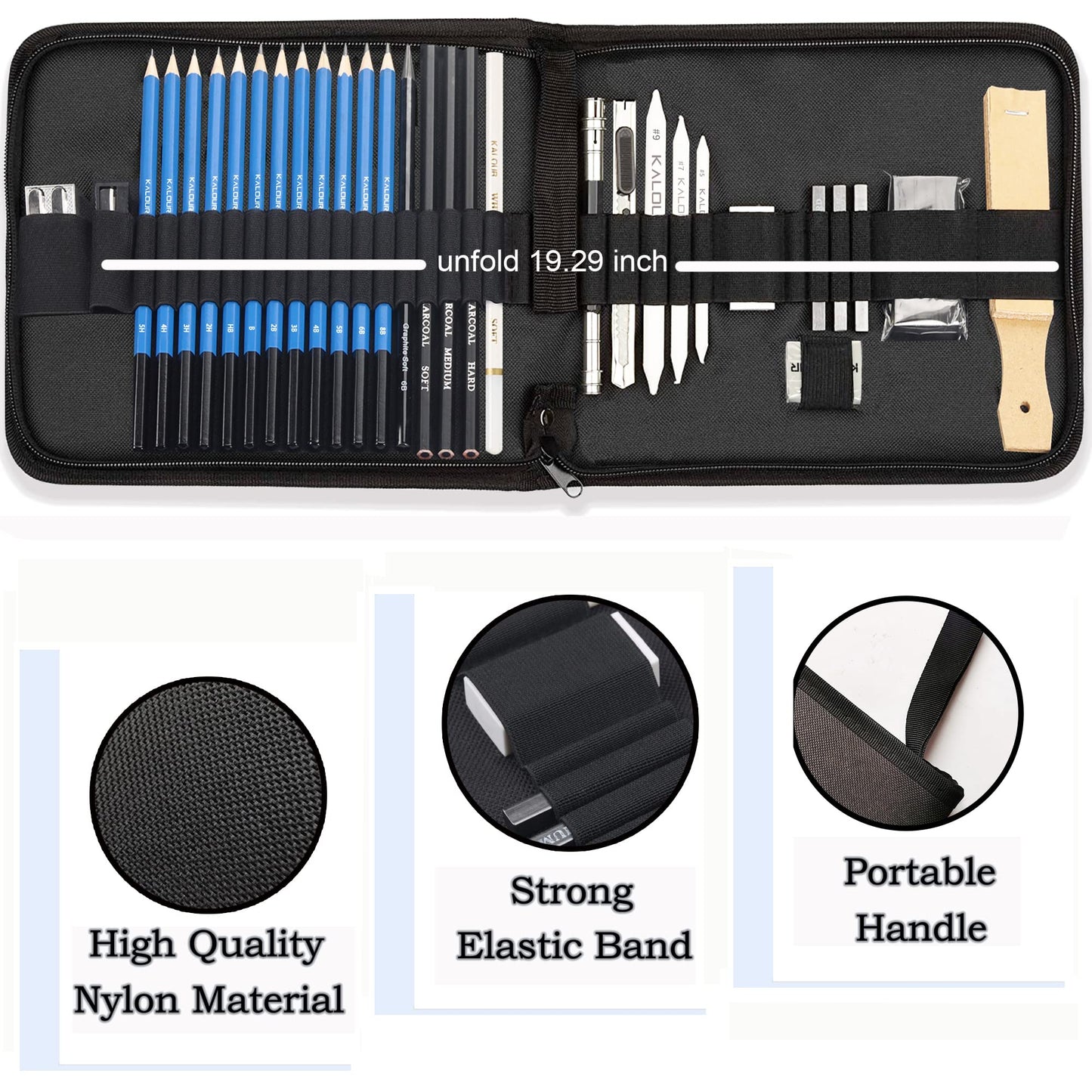 KALOUR 33 Pro Drawing Kit Sketching Pencils Set,Portable Zippered Travel Case-Charcoal Pencils, Sketch Pencils, Charcoal Stick,Sharpener,Eraser.Art Supplies for Artists Beginner Adults Teens