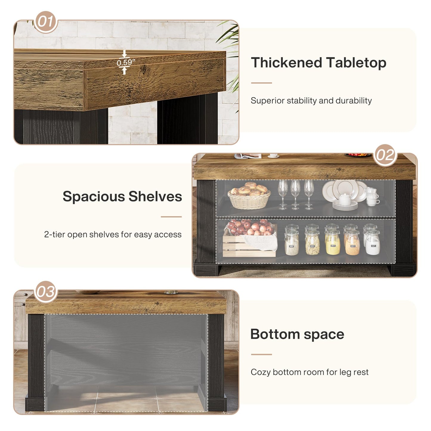 Tribesigns Kitchen Island with 3 Shelves, 55 Inches Width Kitchen Shelf with Large Worktop, Stable Wooden Structure, Farmhouse Style, Easy to Assemble, Black and Brown