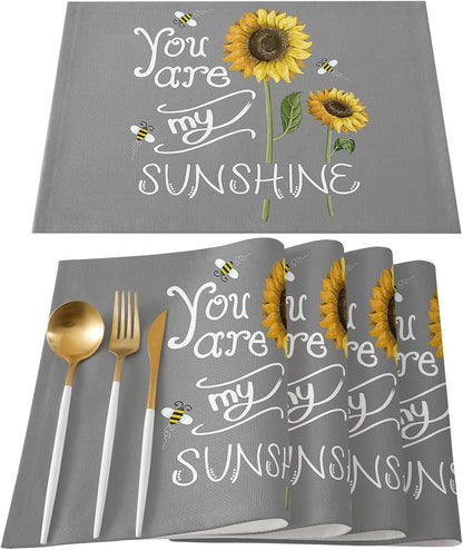 You are My Sunshine Placemat Set of 6 for Dining Table - Cotton Linen Waterproof Cloth Table Mat, Easy Clean