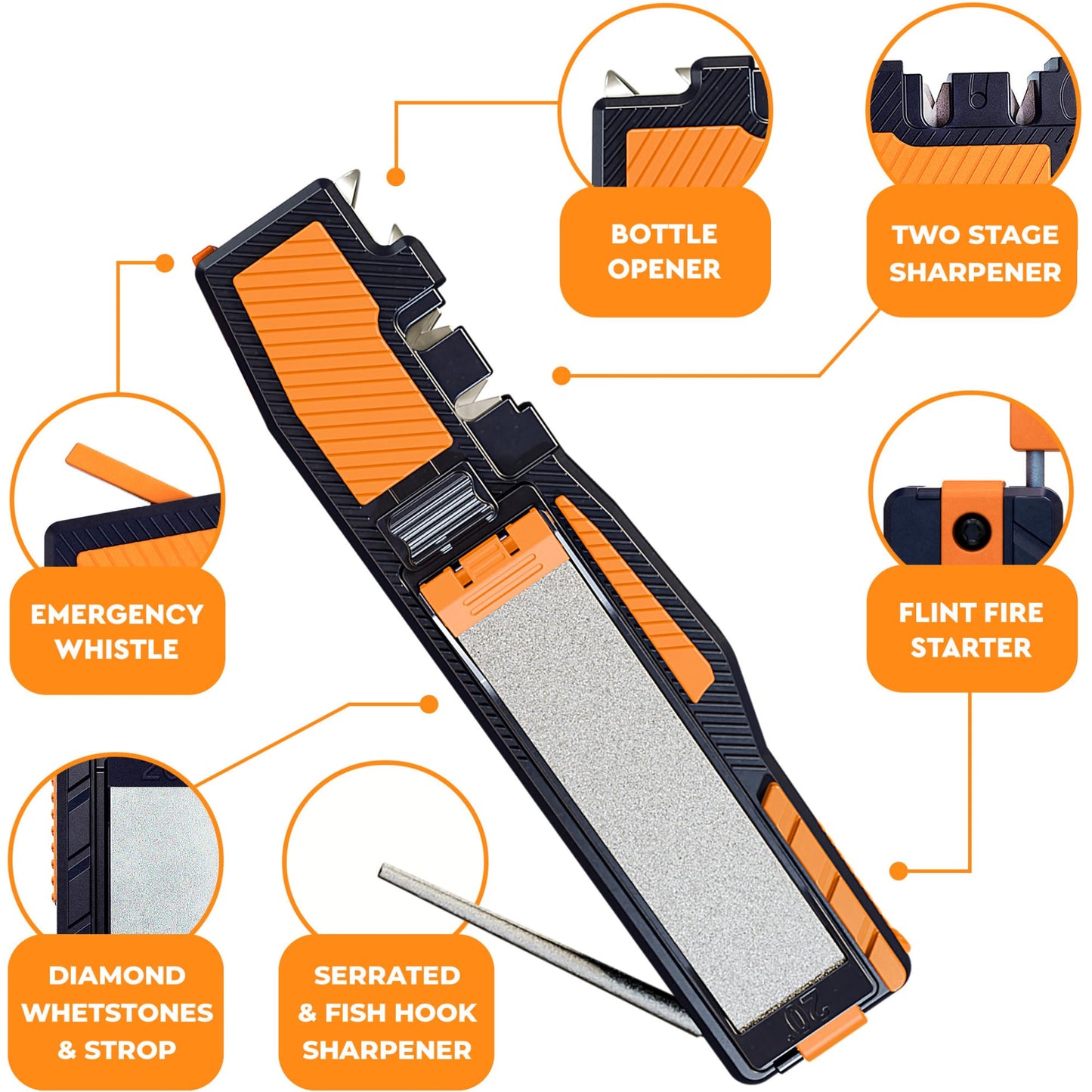 Orange Ninja Pocket Field Knife Sharpener – 8-in-1 Camping & Hunting EDC Knife Sharpener with Guided Diamond Whetstones, Leather Strop, Fire Starter & Diamond Rod