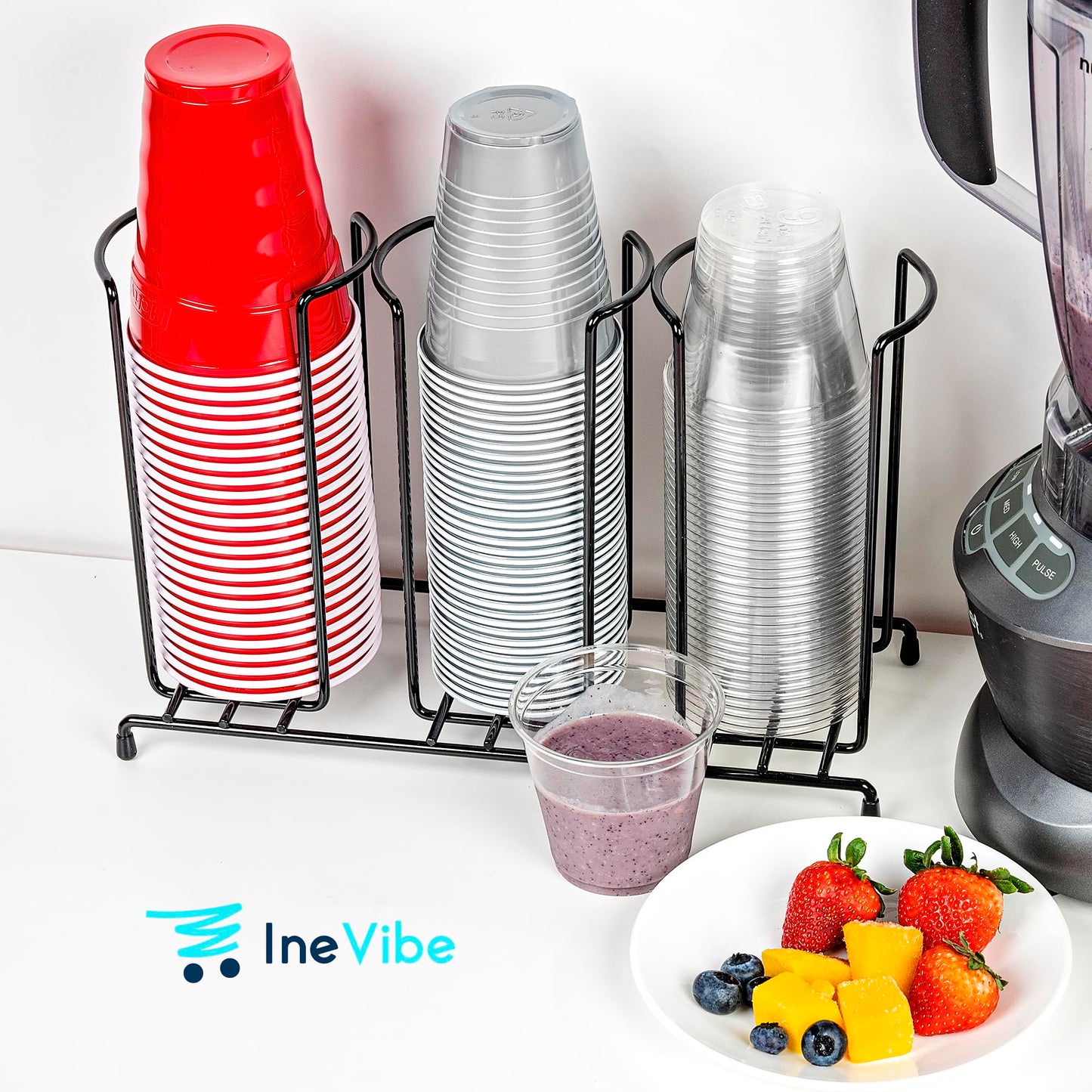 Inevibe Wire Frame Cup and Lid Organizer, 3 Compartment Metal Rack Design Storage Holder for Plastic, Coffee Beverage Cups