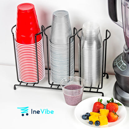 Inevibe Wire Frame Cup and Lid Organizer, 3 Compartment Metal Rack Design Storage Holder for Plastic, Coffee Beverage Cups