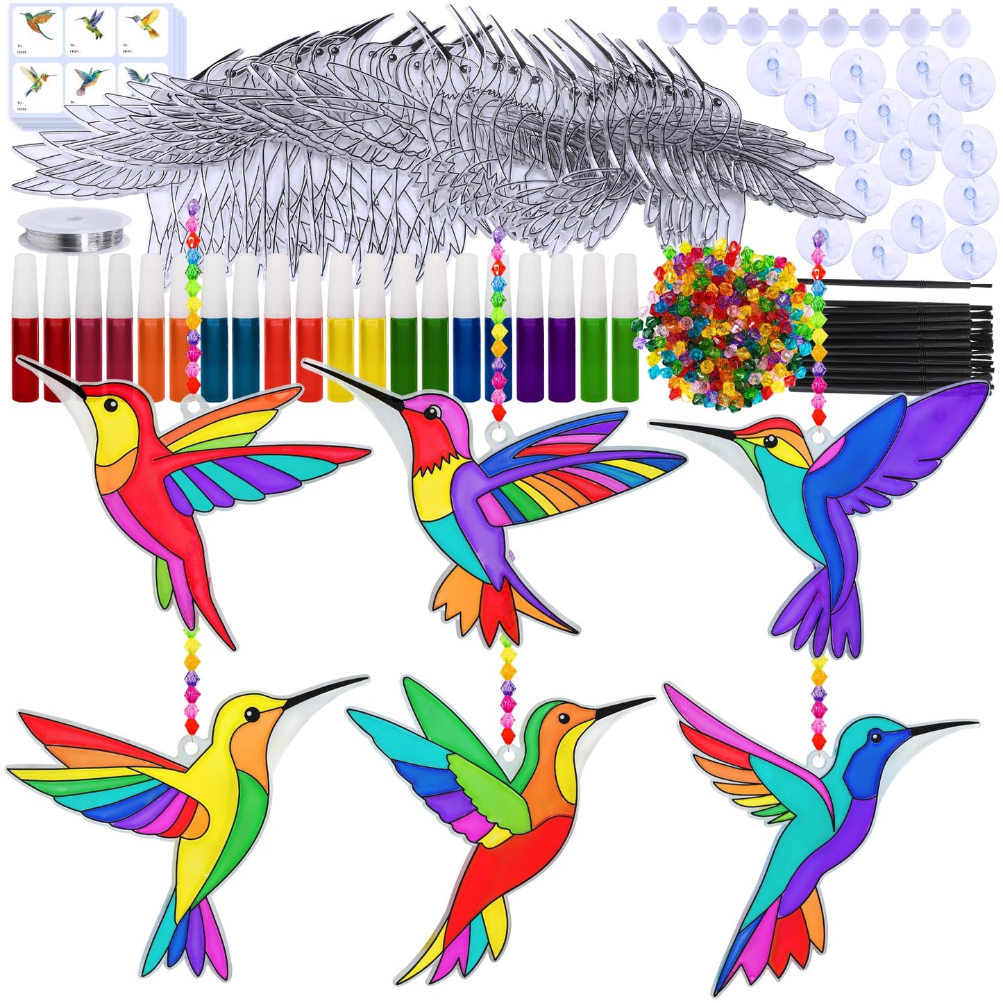 Winlyn 24 Sets Hummingbird Suncatcher Decorations DIY Window Paint Art Craft Kits Rainbow Bird Painting Kit for Kids Classroom Activities Birthday Spring Summer Camping Party Art Project