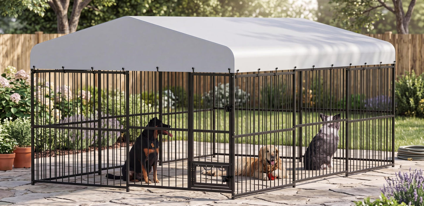 10x15 ft Outdoor Dog Kennel Heavy Duty Metal Dog Run Enclosure with Waterproof Cover & Feeding Door, Large Dog Kennel Outdoor with Lockable Gate for Backyard, Garden, Chicken Coop Run