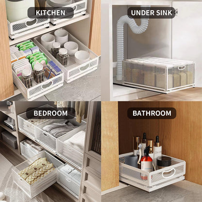 Sliding Cabinet Basket Organizer, Heavy Duty Carbon Steel Self Adhesive Slide Out Pantry Shelves for Kitchen