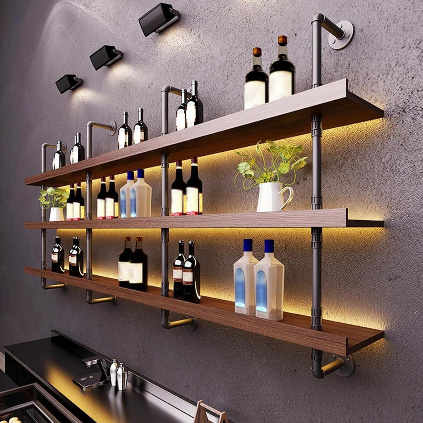 Dawselod 70.8in Large Wine Rack with LED Light Solid Wood Wall Mounted Wine Rack, 3-Tiers Liquor Bottles Floating Shelves Display Storage Organizer for Home Bar & Dining Room (180cm/70.8in)