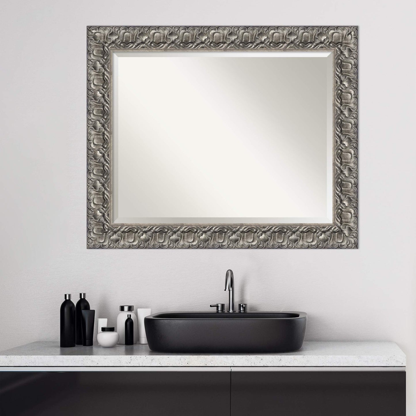 Amanti Art Silver Bathroom Mirror for Over Sink, 28x34 Silver Luxor Rectangle Vanity Mirror, Large Traditional Wood Frame, Hangs Horizonally and Vertically, Bathroom Wall Decor, Beveled Edge