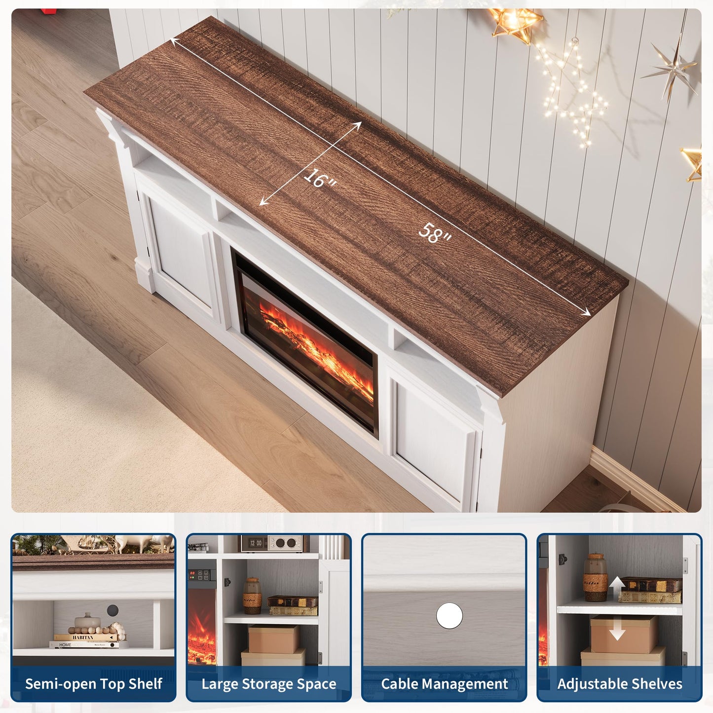 GAOMON 58 Inch Fireplace TV Stand, Wooden Entertainment Center with 36 Inch Electric Fireplace, 3D Realistic Flame, Farmhouse Media Console with Storage Cabinets for Living Room, White+Brown