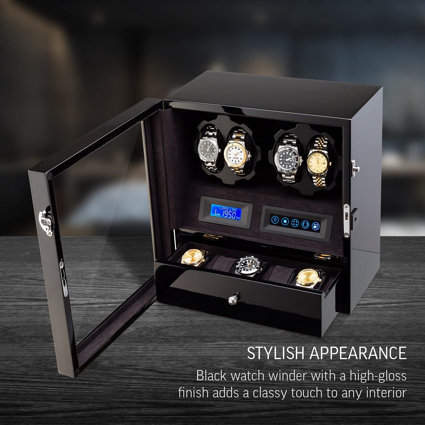 4 Watch Winder with 5 Watch Storage Space, LCD Display, Touch Control and Interior Light (Black + Black Velvet)