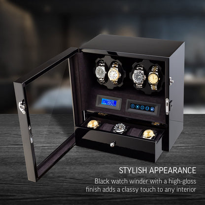 4 Watch Winder with 5 Watch Storage Space, LCD Display, Touch Control and Interior Light (Black + Black Velvet)