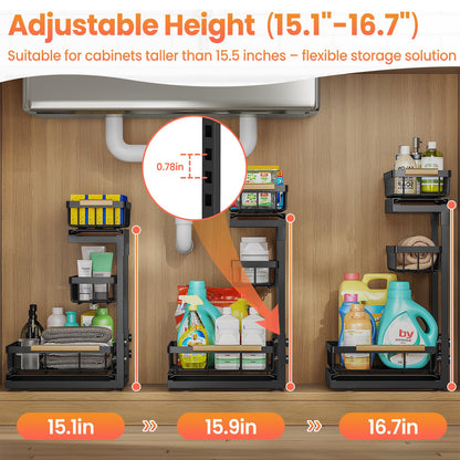 Aekenr Under Sink Organizer and Storage for Bathroom and Kitchen - 2 Pack 3 Tier Under Cabinet Pull Out Shelf Organizers - Slide Out Drawer Organization for Home Cabinets Shelves and Drawers