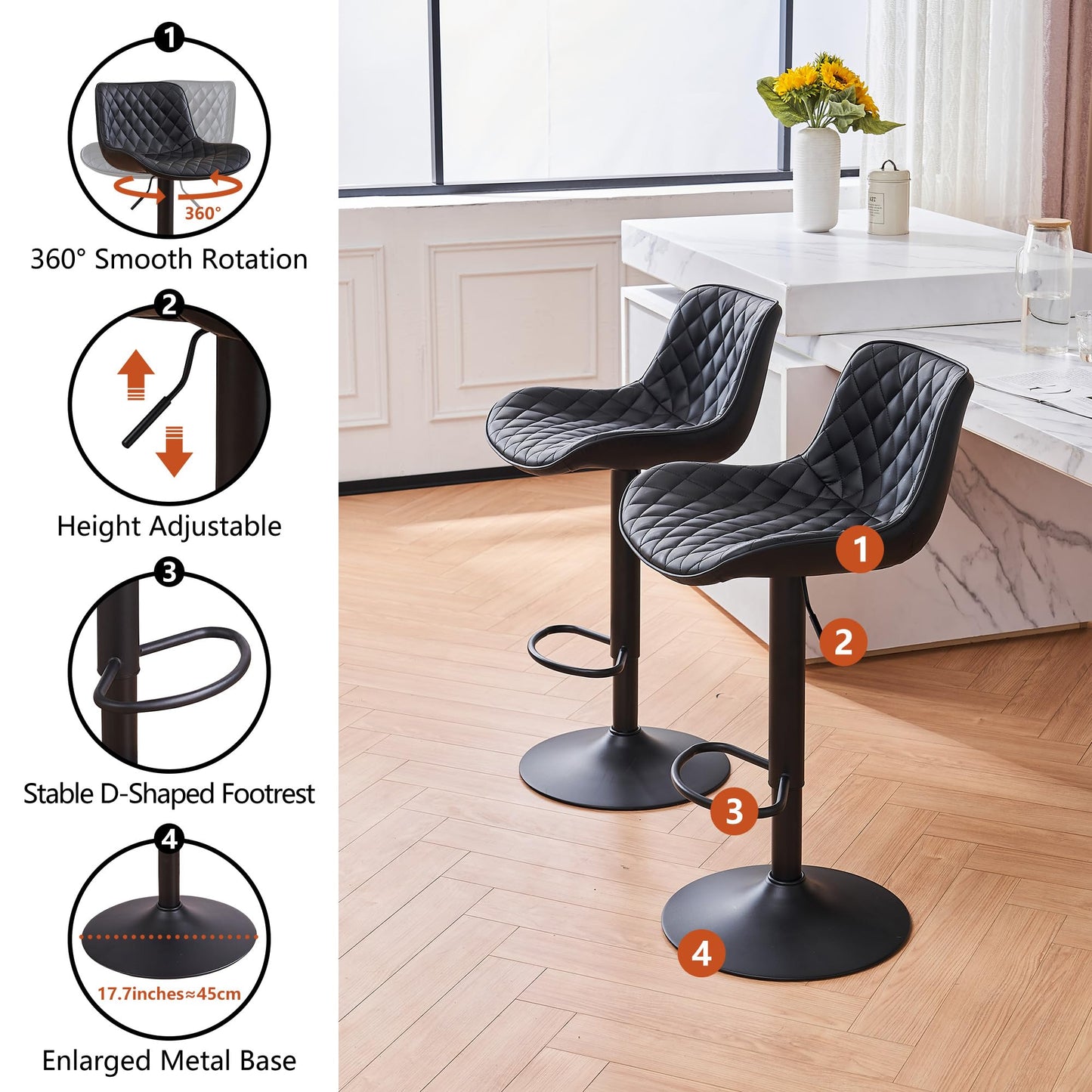 YOUTASTE Black Bar Stools Counter Height Bar Stool Set of 2 Adjustable Swivel Faux Leather Barstools with Padded Back Diamond Metal Bar Chairs for Home Kitchen Island
