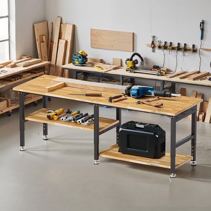 96” Adjustable Work Bench, 2-Layer Heavy Duty Workbench, 6000 LBS Capacity Workbench with Pegboard & Power Outlet, Rubber Wood Work Table for Garage, Office, Workshop, Home