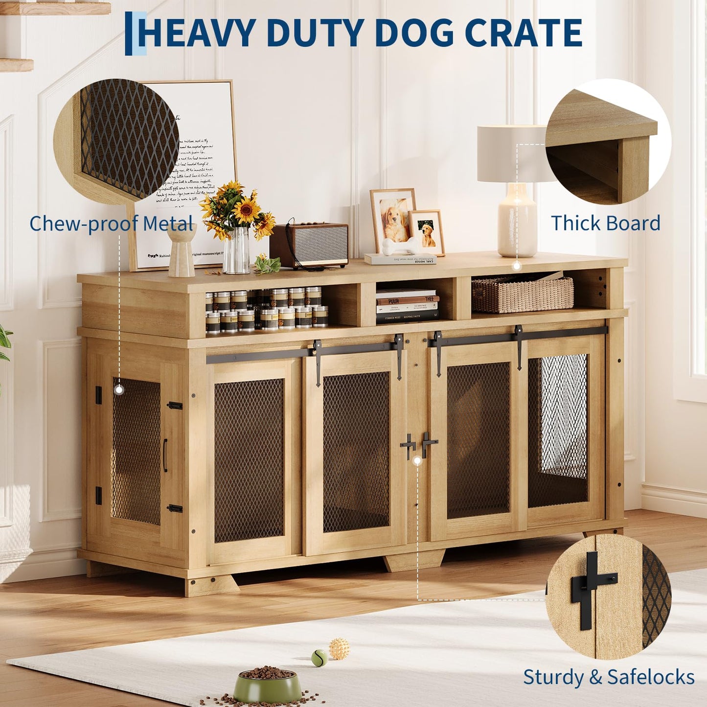 Garvee 71'' Dog Crate Furniture for 2 Dogs, Extra Large Double Dog Kennel Indoor with Removable Divider and Storage Drawers, Wooden Dog Crate TV Stand for Large Medium Dogs