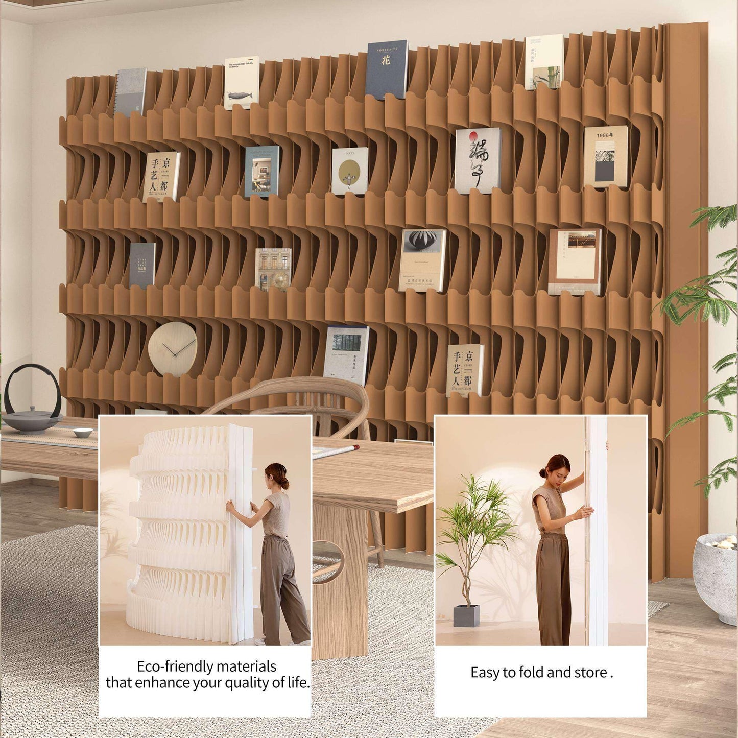 Paper Room Divider with Shelves Folding Room Divider Portable Room Partition Foldable Temporary Wall Retractable Folding Screen for Home, Office, Studio, Exhibition