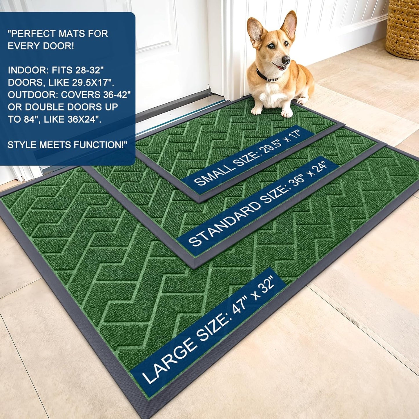 OLANLY Waterproof All-Season Front Door Mat - Sturdy Natural Rubber, Easy Clean Herringbone Design (Green, 59x35)