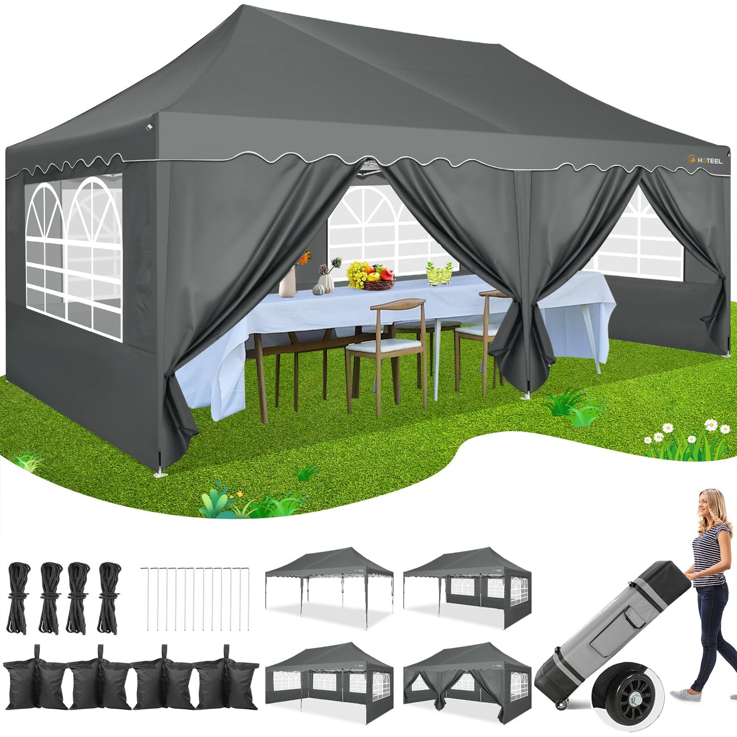 HOTEEL 10x20 Pop up Canopy Tent with 6 sidewalls Easy Up Commercial Outdoor Wedding Party Tents for Parties All Season Wind & Waterproof Gazebo Roller Bag, Gray