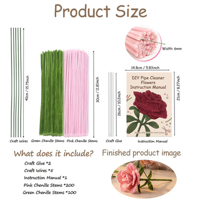 Pipe Cleaners Flower Kit - Pink Pipe Cleaners for Flower Making, DIY Craft Supplies for 22-Inch Pipe Cleaner Flowers, Includes 300 PCS Pipe Cleaners, Floral Wires, Glue Sticks & Instruction Manual