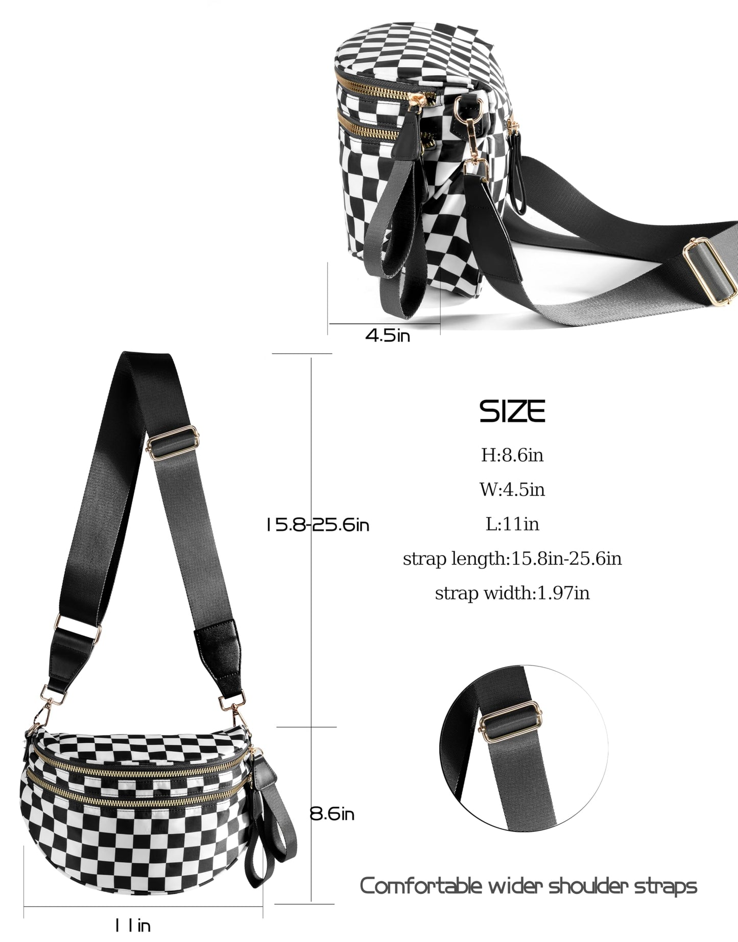 Spacious Checkered Nylon Crossbody Bag Bum Bag Checkered Handbags Wallets for Women