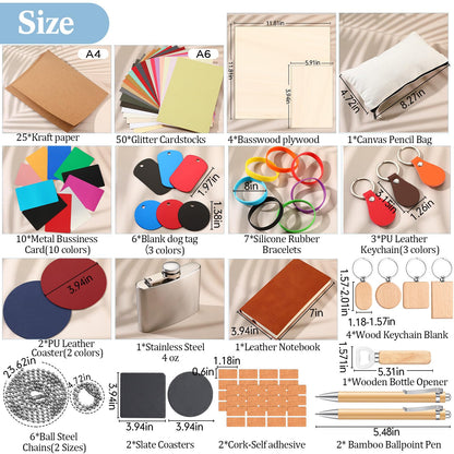 Dunzoom 127 Pcs Laser Material Kit Laser Cutting Engraving Materials Accessories Including Wood, Metal, PU Leather, Fabric, Glass, Rock, Rubber for Cutters Engraving Supplies
