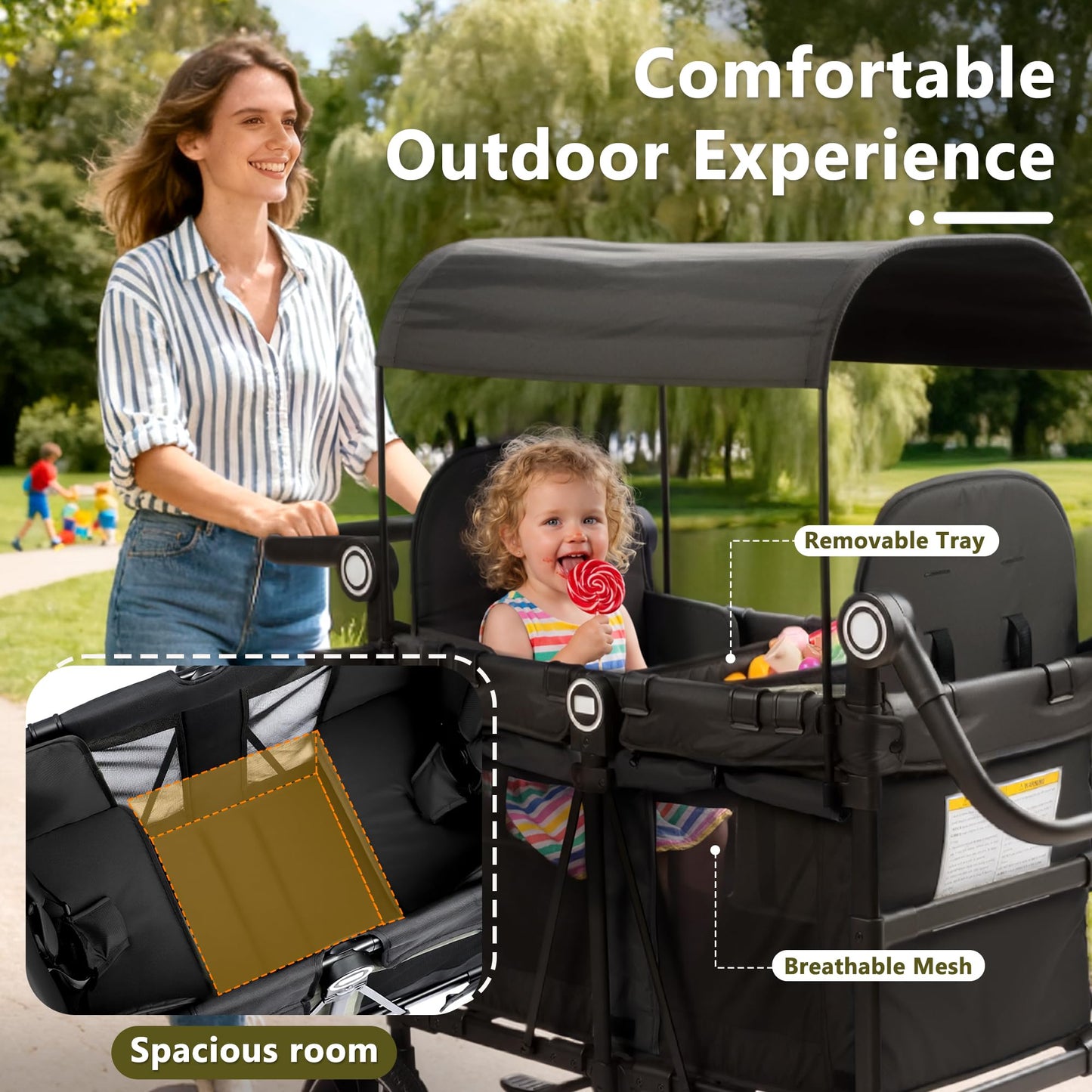 Kinder King Wagon Stroller for 2 Kids, All-Terrain Foldable Outdoor Stroller Wagon 2 Seater, Removable Canopy, Adjustable Handle, Shock-Absorbing Wheel, Detachable Tray, Large Storage, Black