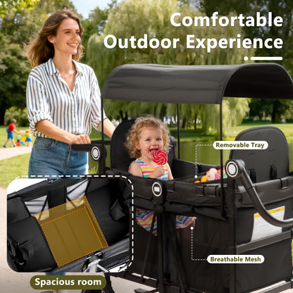Kinder King Wagon Stroller for 2 Kids, All-Terrain Foldable Outdoor Stroller Wagon 2 Seater, Removable Canopy, Adjustable Handle, Shock-Absorbing Wheel, Detachable Tray, Large Storage, Black