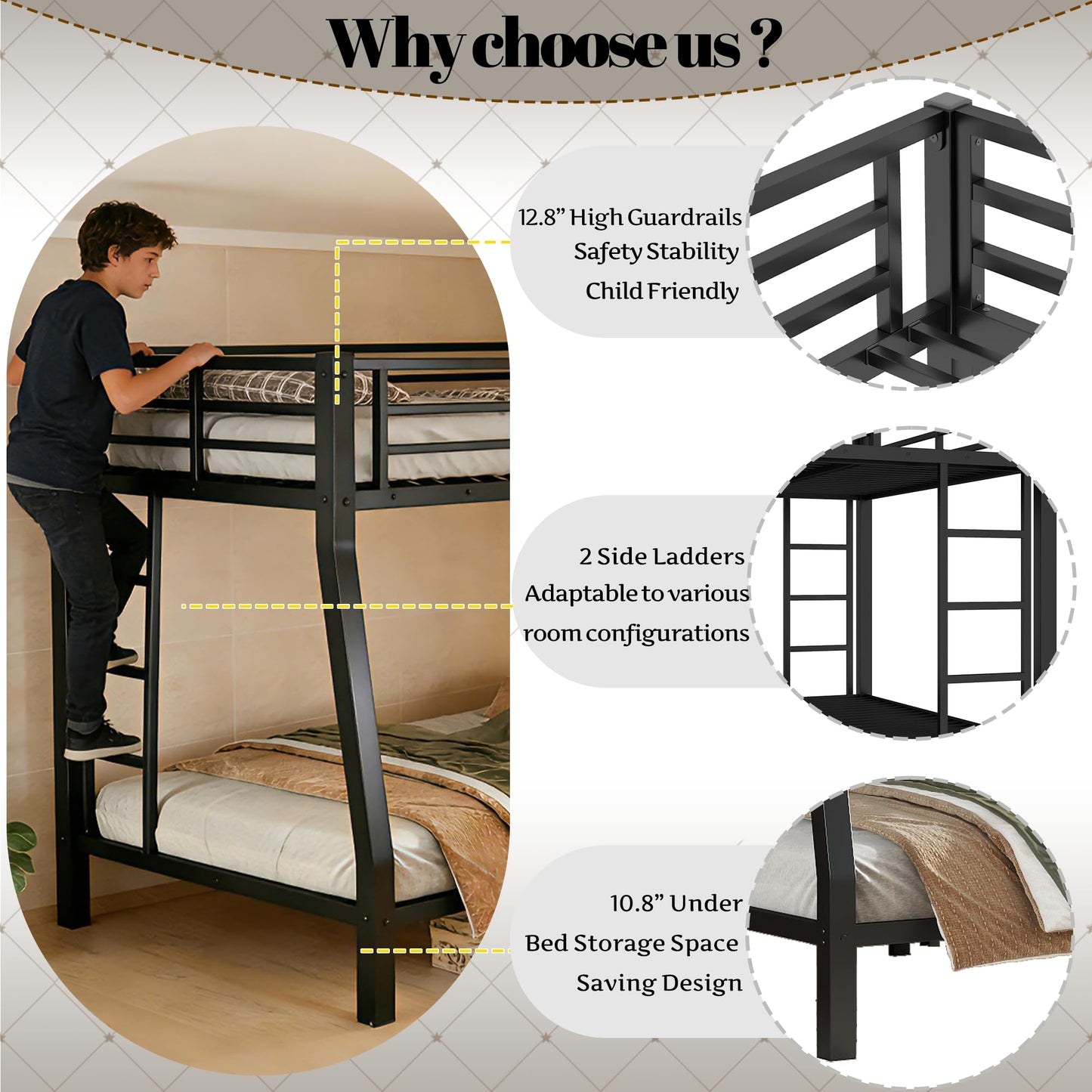 Bellemave Metal Full XL Over Queen Bunk Bed with High Guardrail & Under-Bed Storage, Heavy Duty Bunk Beds Frame with 2 Side Ladders, Full Over Queen Bunk Bed for Adults, No Box Spring Needed, Black