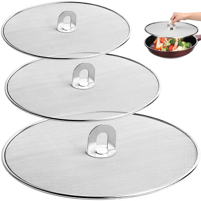 3 Pack Splatter Screen for Frying Pan 13" 11.5" 9.8" Stainless Steel Grease Splatter Guard Ultra Fine Mesh Lids with Fold Flat Knob Set for Prevent Oil Splatter