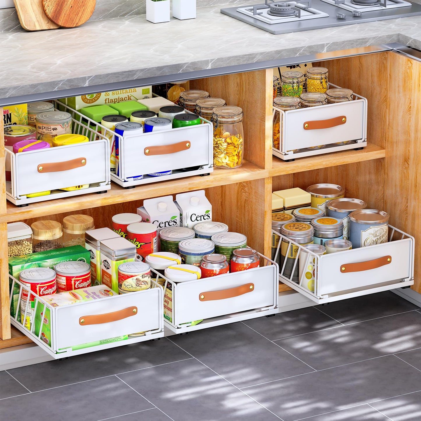 Pull out Cabinet Organizer,Heavy Duty Slide out Pantry Shelves Drawer Storage with Adhesive Nano Film,Sliding Mesh Cabinet Basket with Handle for Kitchen, Bathroom, Home, 11.8W" X 15.7"D X 6.2"H,White