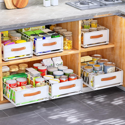 Pull out Cabinet Organizer,Heavy Duty Slide out Pantry Shelves Drawer Storage with Adhesive Nano Film,Sliding Mesh Cabinet Basket with Handle for Kitchen, Bathroom, Home, 11.8W" X 15.7"D X 6.2"H,White