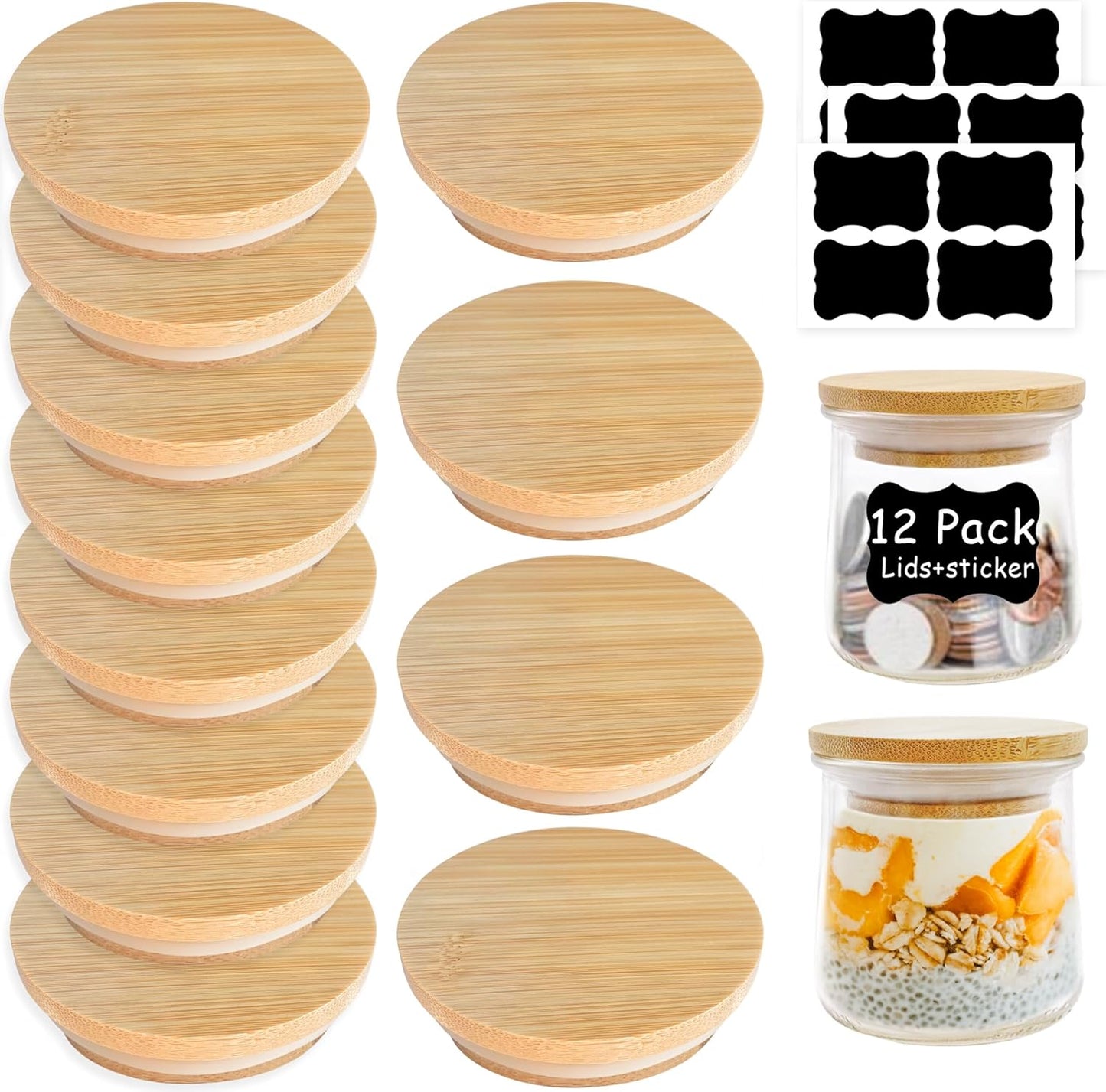 12 Oui Bamboo Wood Yogurt Jar Lids - Pcs, Leak Proof, Equipped With Silicone Sealing Ring
