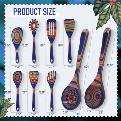 Teenyyou 9 Pcs Blue Rainbow Pakkawood Kitchen Utensils Wooden Spoons for Cooking Pakkawood Soup Ladle Deep Spoons Set Wood Non Stick Utensils with Long Handle for Kitchen Household Womnn Gifts Tools