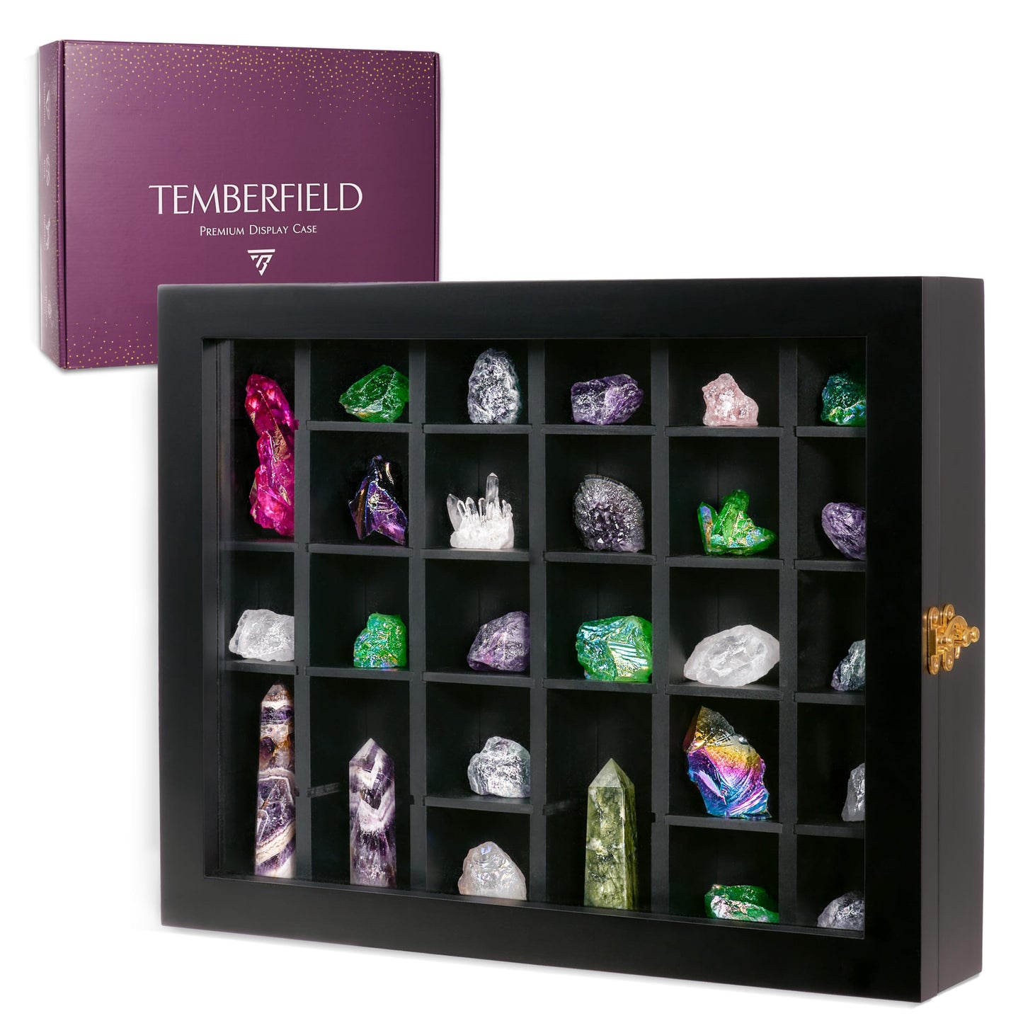 Premium Rock Display Case – Wooden Shadow Box with Shelves for Crystals, Seashell & Figurines – 30 Adjustable Compartments – Real Glass Door – Elegant Storage for Collectibles