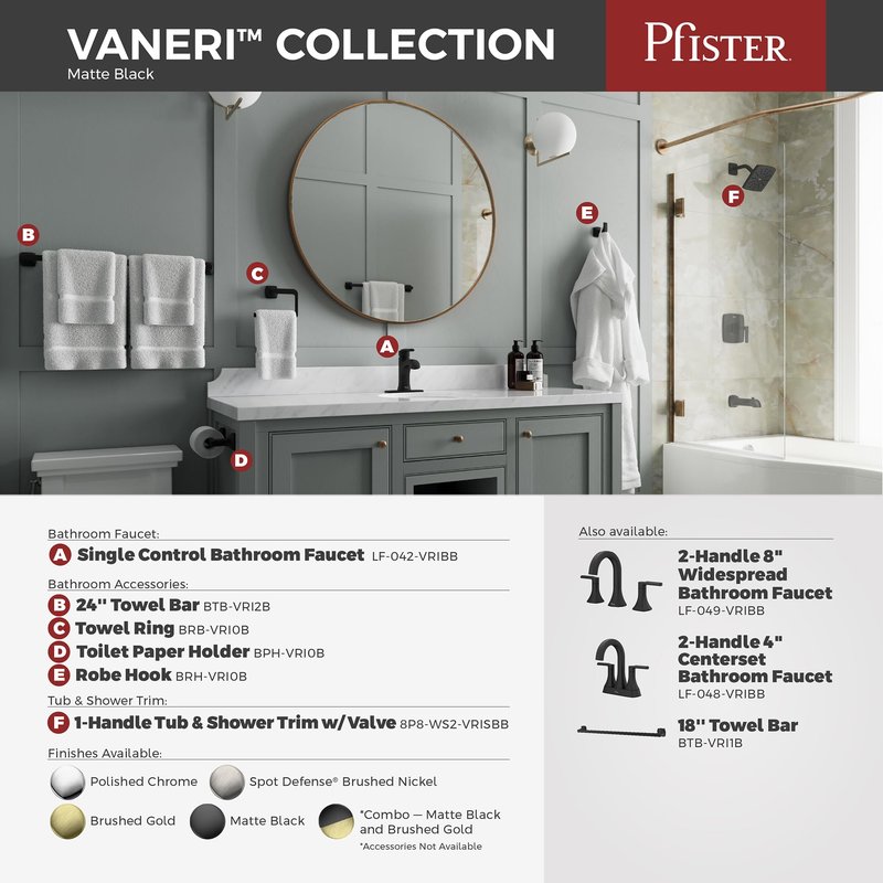 Pfister Vaneri Bath Towel Bar for Bathroom, 24-Inch, Wall-Mounted, Screw-In, Matte Black Finish, BTBVRI2B