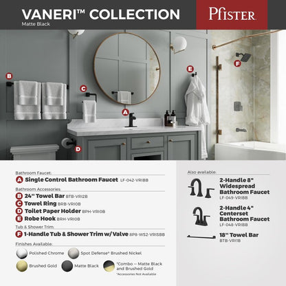 Pfister Vaneri Bath Towel Bar for Bathroom, 24-Inch, Wall-Mounted, Screw-In, Matte Black Finish, BTBVRI2B