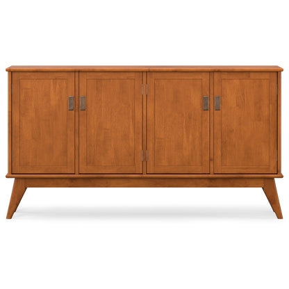 SIMPLIHOME Draper Buffet - 66 inch Wide Solid Hardwood 4-Door Sideboard Buffet in Teak Brown, Mid-Century Modern Cabinet for Dining Room or Kitchen with Adjustable Shelves and Tapered Legs