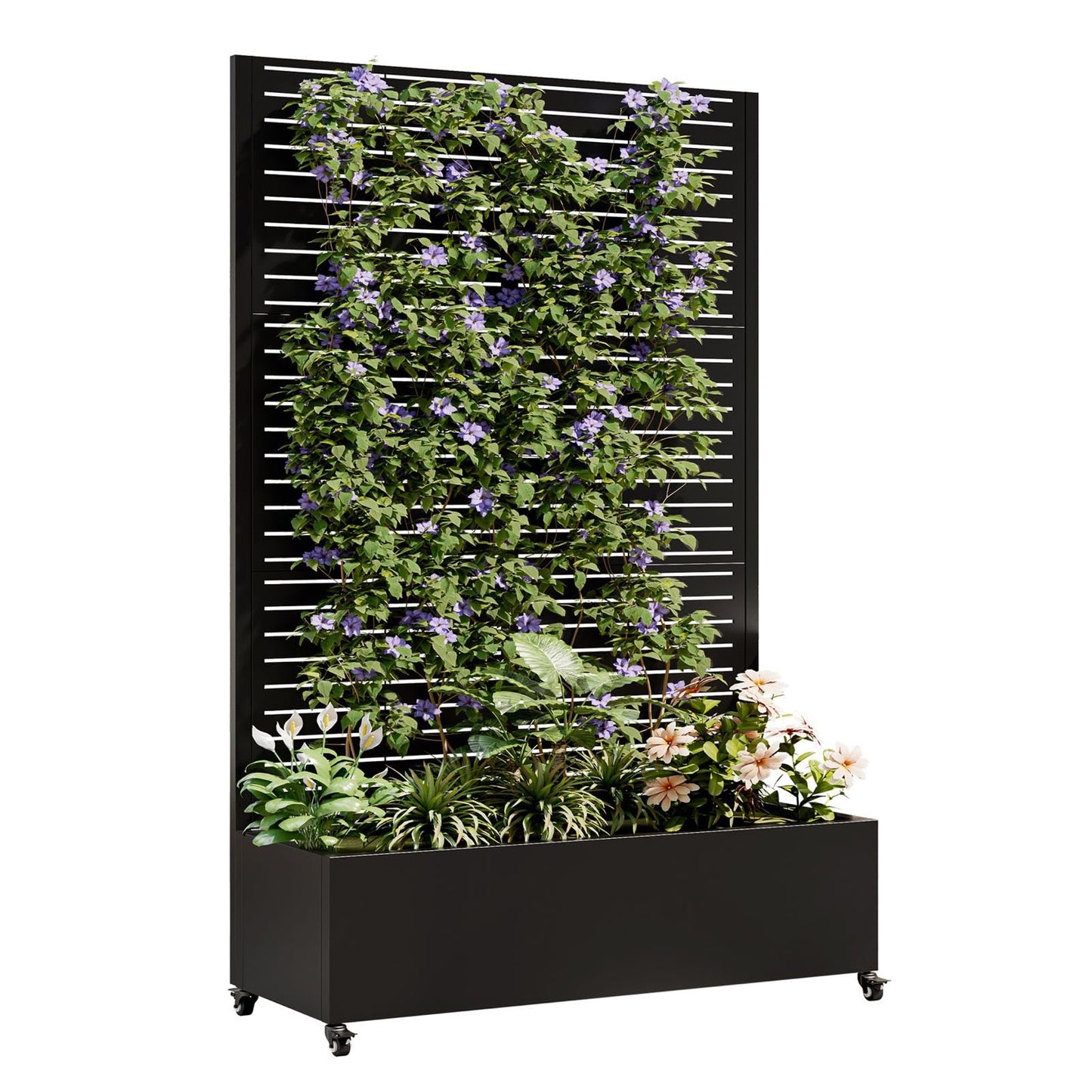 Nevoc Metal Raised Garden Bed, Outdoor Planter Box with Trellis on Wheels, Weather-Resistant Plant Planter for Climbing Plants Flower Vegetables for Patio Backyard Poolside (73"x47"x16", A)