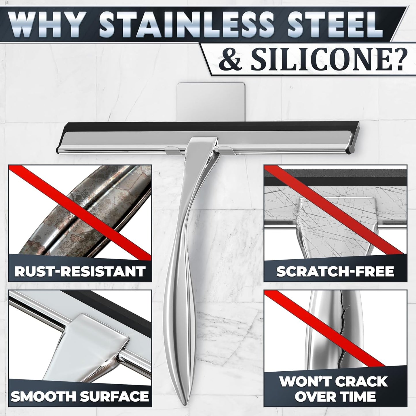 12" Shower Door Squeegee with Adhesive & Hanging Hooks, Silicone Blade - Stainless Steel All-Purpose Squeegee