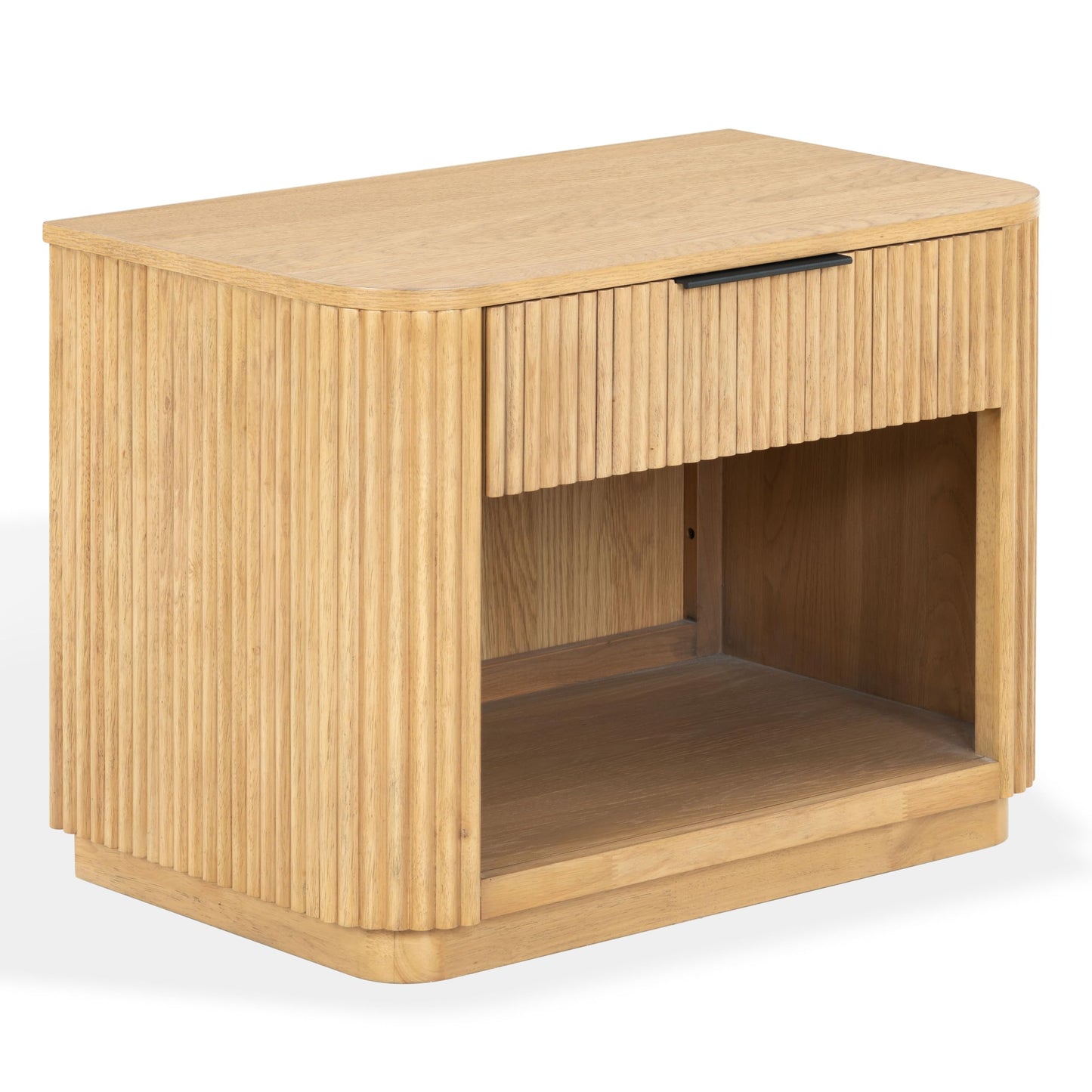SAFAVIEH Couture Collection – Barrymore Greige Oak Reeded Wood Nightstand, 1 Drawer Bedside Table with Open Shelf, Fully Assembled (SFV2224A)