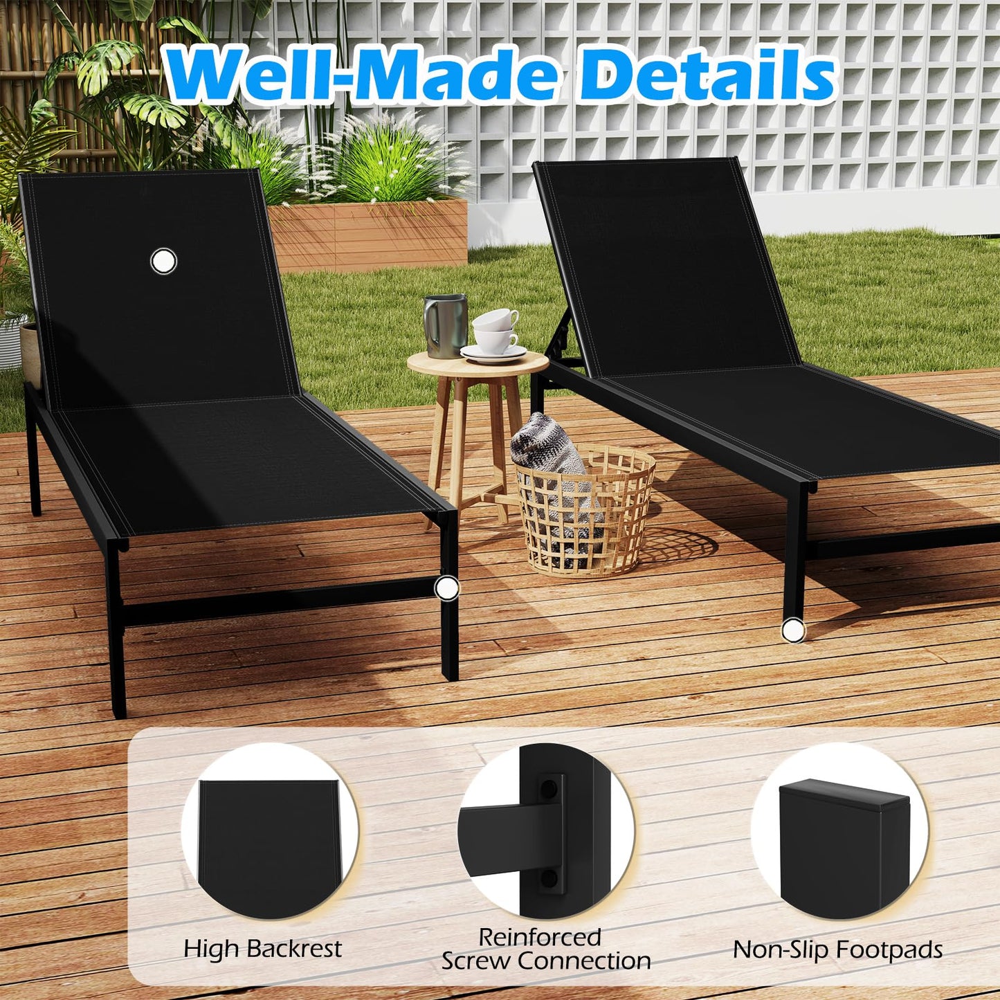 HAPPYGRILL Aluminum Chaise Lounge Chair, Heavy-Duty Patio Recliner W/ 6-Level Backrest & Breathable Fabric, Outdoor Lightweight Reclining Lounge Chair for Backyard, Poolside, Porch (2, Black)