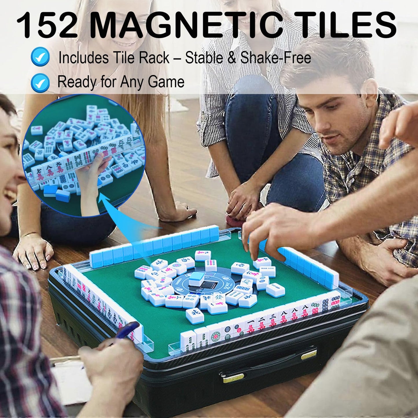 Automatic Mahjong Table, Portable Mahjong Table with 152 Magnetic Tiles incl. Joker Tiles, for Outdoor & Home Fun, Compatible with both Chinese and American Mahjong, Suitable for Mahjong Enthusiasts