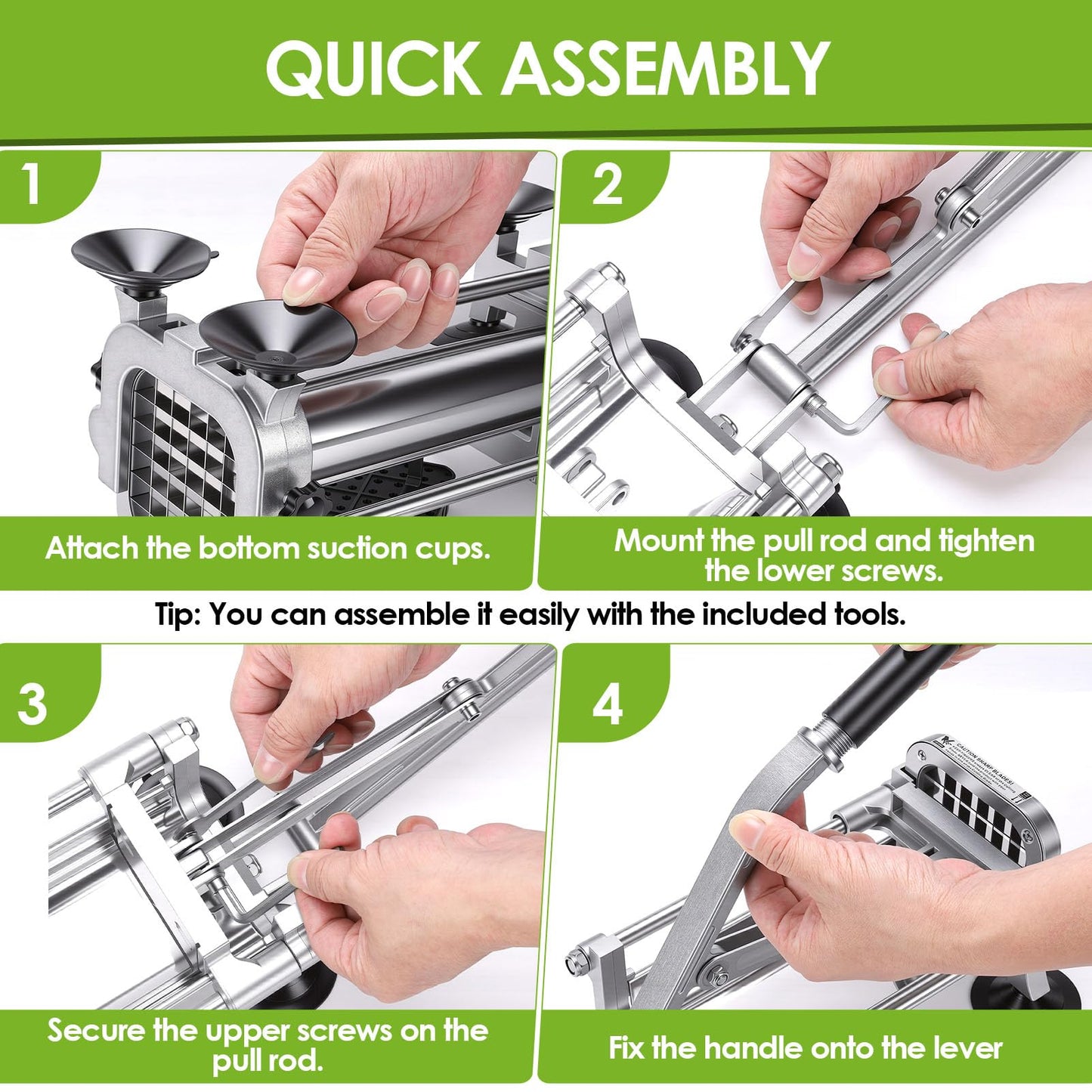 WODHMIEY Manual French Fry Cutter for Potatoes with Interchangeable Blades, Handheld Stainless Steel Potato Slicer and Fries Cutter for Home and Commercial Use (1/2'' & 1/4'' Blade)