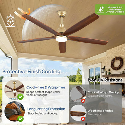 YZEENM 60 Inch Ourdoor Gold Ceiling Fan with Light, 5 Walnut Wood Blade Damp-Rated, Indoor Exterior High CFM Propeller for Patio Farmhouse, 6 Speeds Quiet Reversible DC Motor, for Living Room Porch
