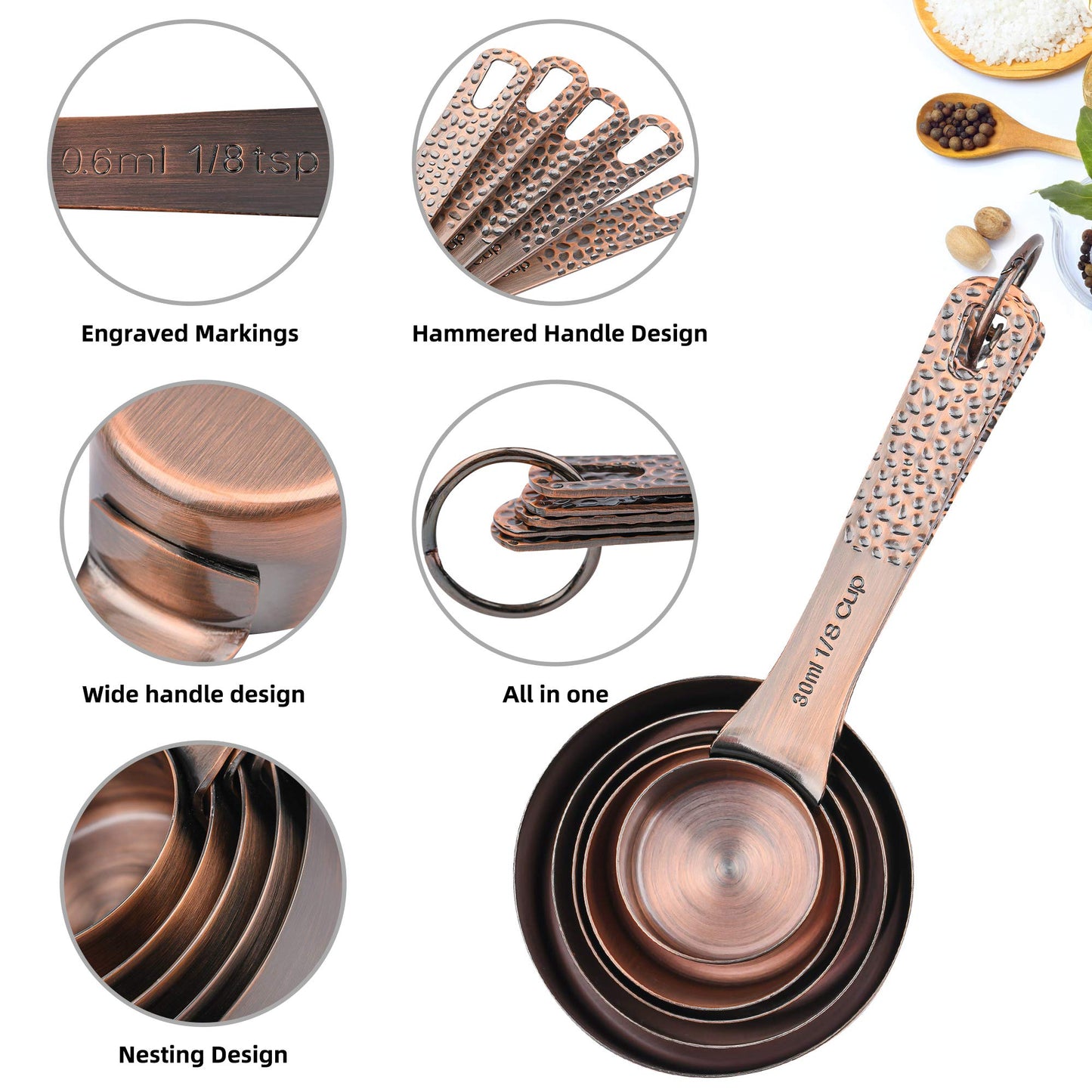 Smithcraft Measuring Cups and Spoons Set 14, Copper Measuring Cups and Spoons Set for Dry & Liquid, Metric & US Stainless Steel 6 Measure Cups and 7 Spoons Set w/Leveler for Kitchen & Baking