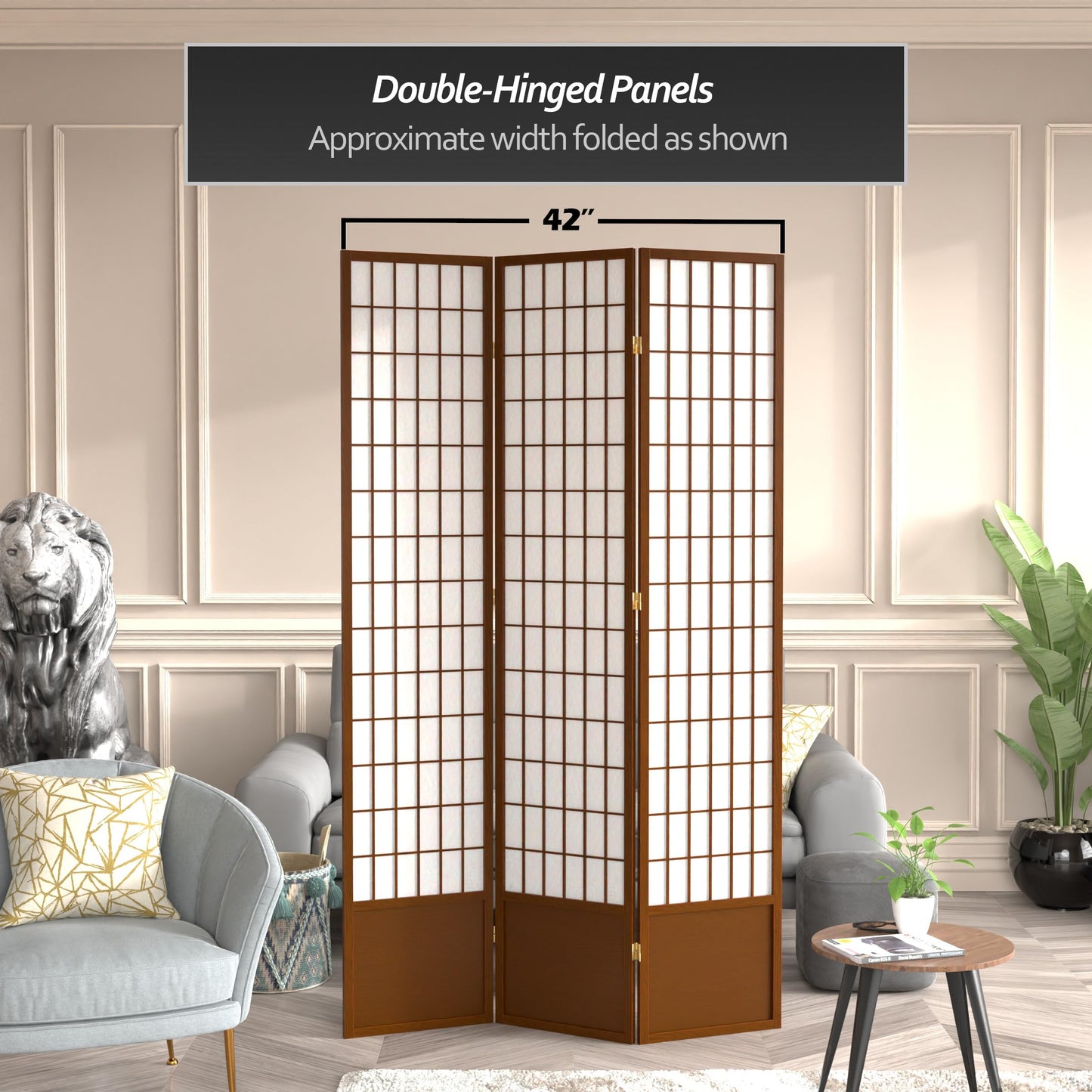 Red Lantern 7 ft. Tall Window Pane Shoji Screen - Walnut - 3 Panels