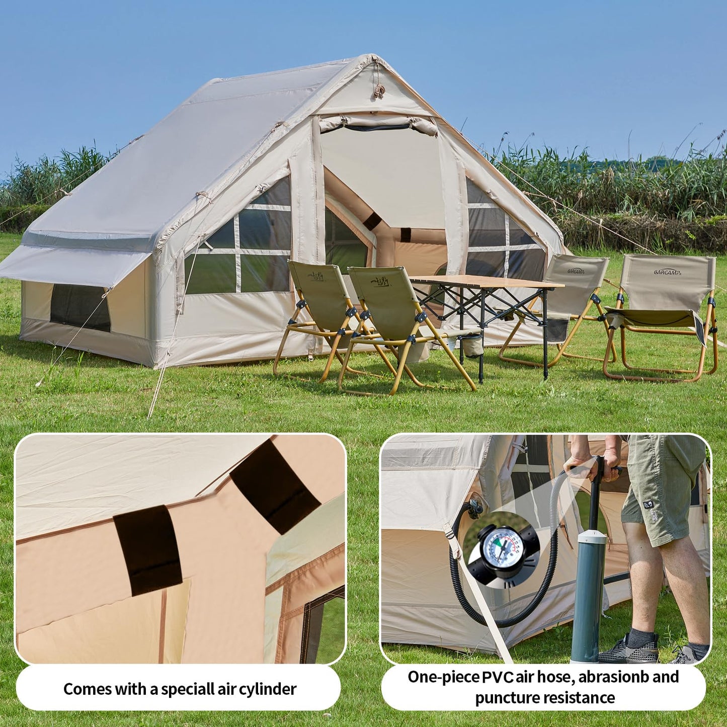 Inflatable Tent with Pump, 4-6 Person Glamping Camping Tents House, Easy Setup Blow Up Family Tents for 4 Seasons Waterproof Inflatable Tent for Camping Wind Resistant Air Tents House for Adult