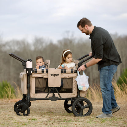 Keenz MOOV 4-Passenger All-Terrain Stroller Wagon with Reclining Seats, Built-in Cooler, Push/Pull Handle, Rubber Wheels, and Activity Tray – Foldable Wagon for Four Kids, Mocha